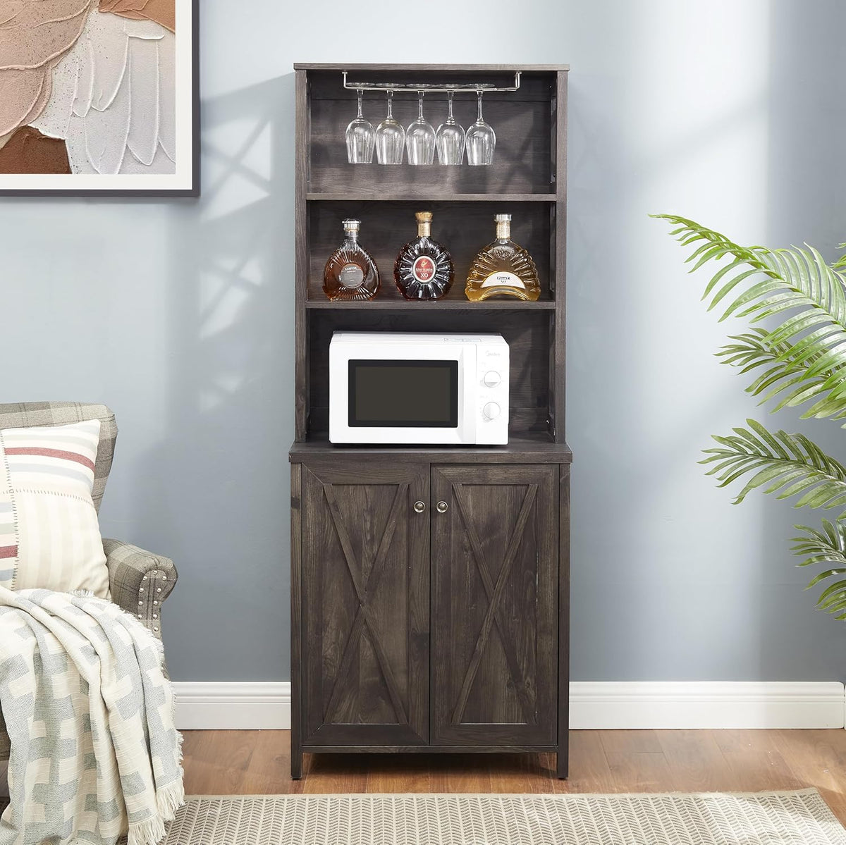Charcoal Gray Coffee Bar Cabinet with Microwave Stand P872058