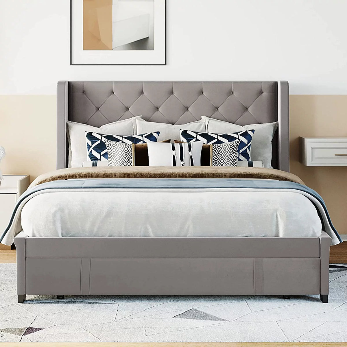 Queen Size Gray Velvet Upholstered Platform Bed with Drawer A56179