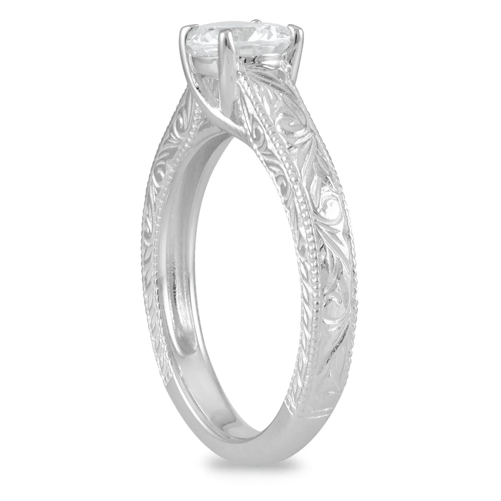Engraved Diamond Solitaire Ring in 14K White Gold T10189