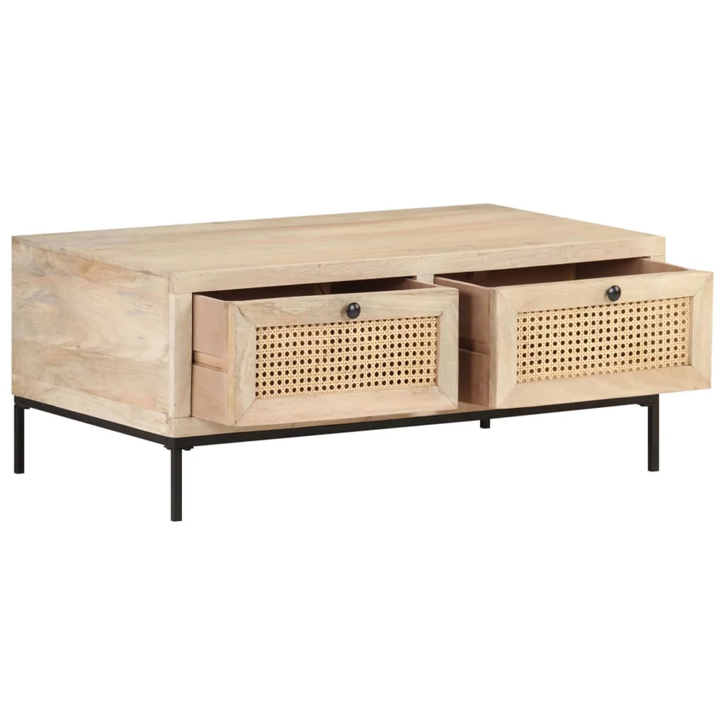 Mango Wood and Natural Cane Coffee Table with 2 Storage Drawers D6396