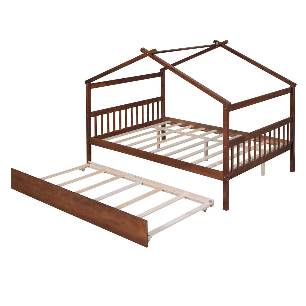 White Twin Size Solid Wood House Bed with Trundle B331