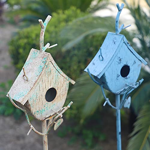 Metal Birdhouse Stake with Pole 39" H Blue F325782