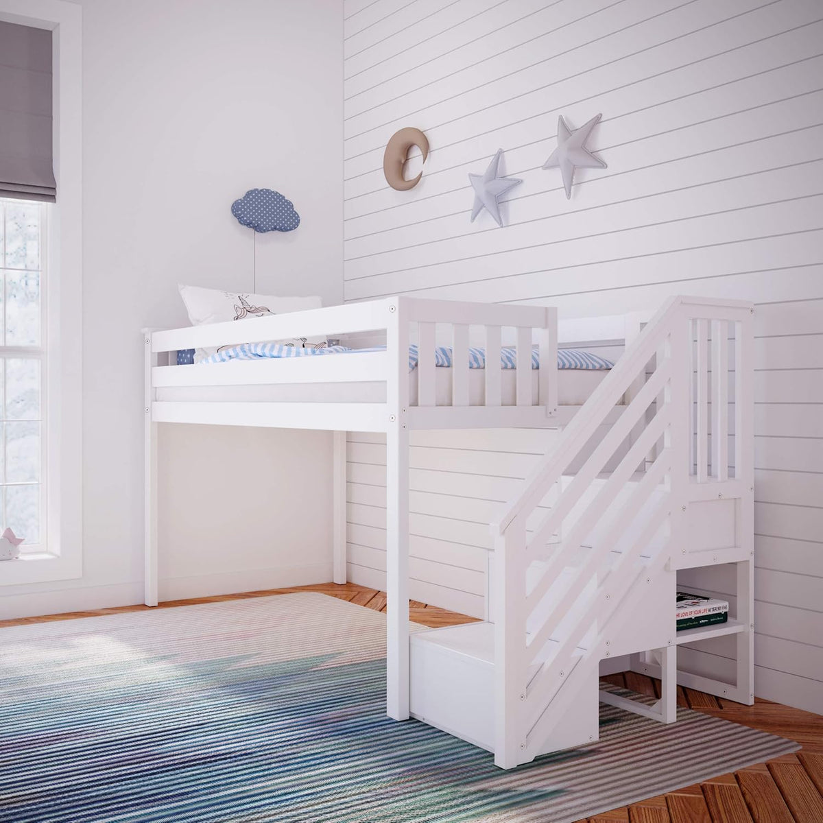 Twin Low Loft Bed with Staircase, White T508