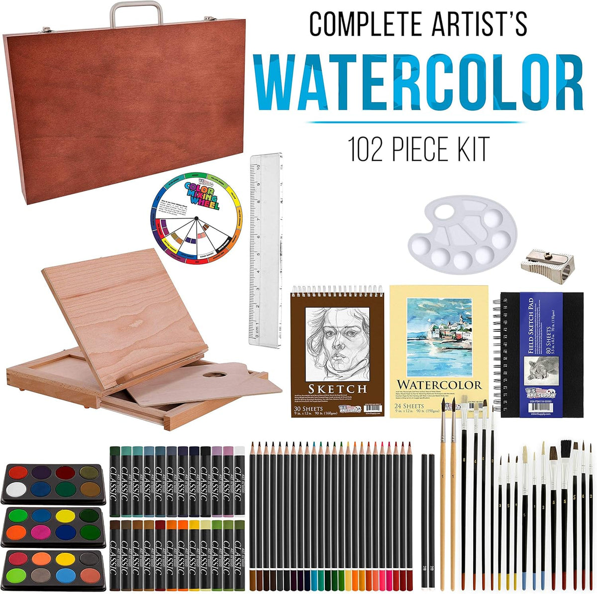 104-Piece Deluxe Art Creativity Set in Wooden Case with Wood Desk Easel Y6231