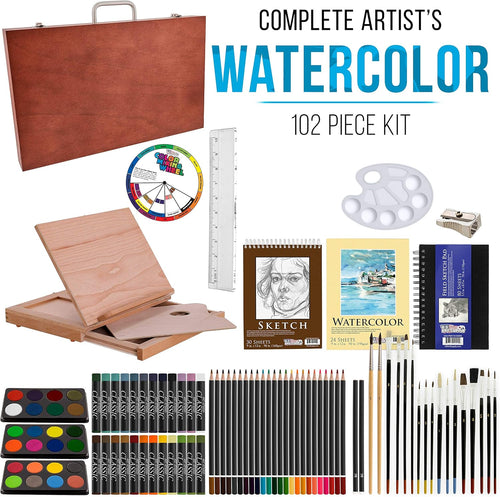 104-Piece Deluxe Art Creativity Set in Wooden Case with Wood Desk Easel Y6231