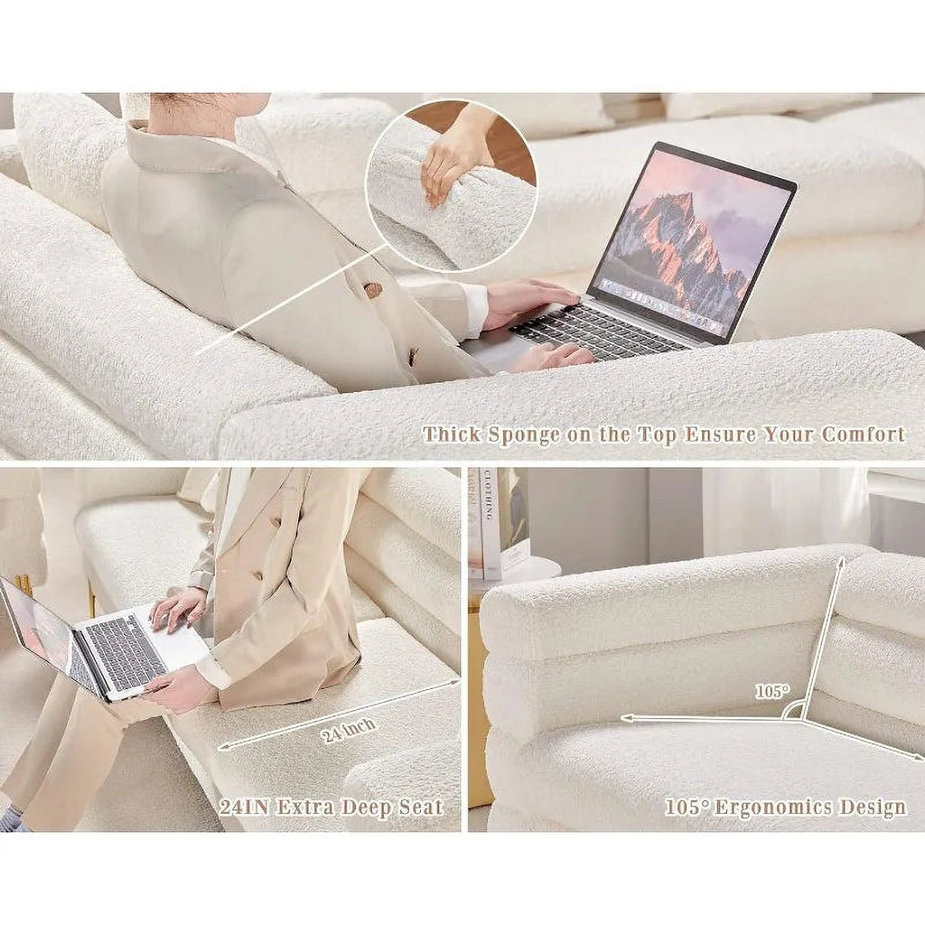 Oversized 85 Inch 3 Seater White Bouclé Sofa K118795