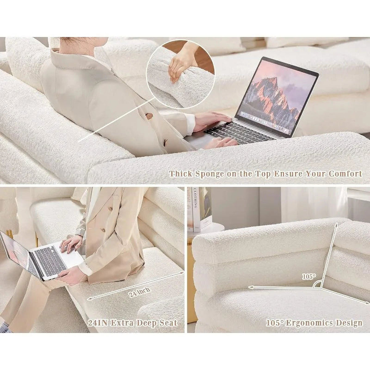 Oversized 85 Inch 3 Seater White Bouclé Sofa K118795