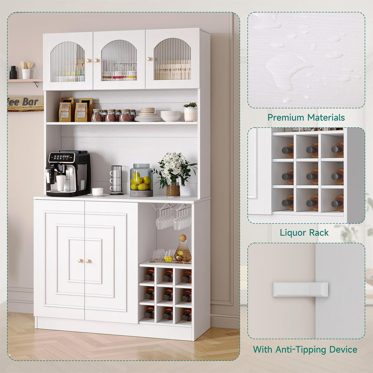 White 71" Tall Freestanding Kitchen Pantry Cabinet with Microwave Stand & Power Outlet S89464