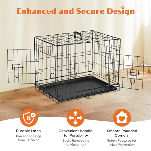 Large 36 Inch Double Door Folding Metal Wire Dog Crate with Divider Panel and Plastic Leak-Proof Pan Tray O34057