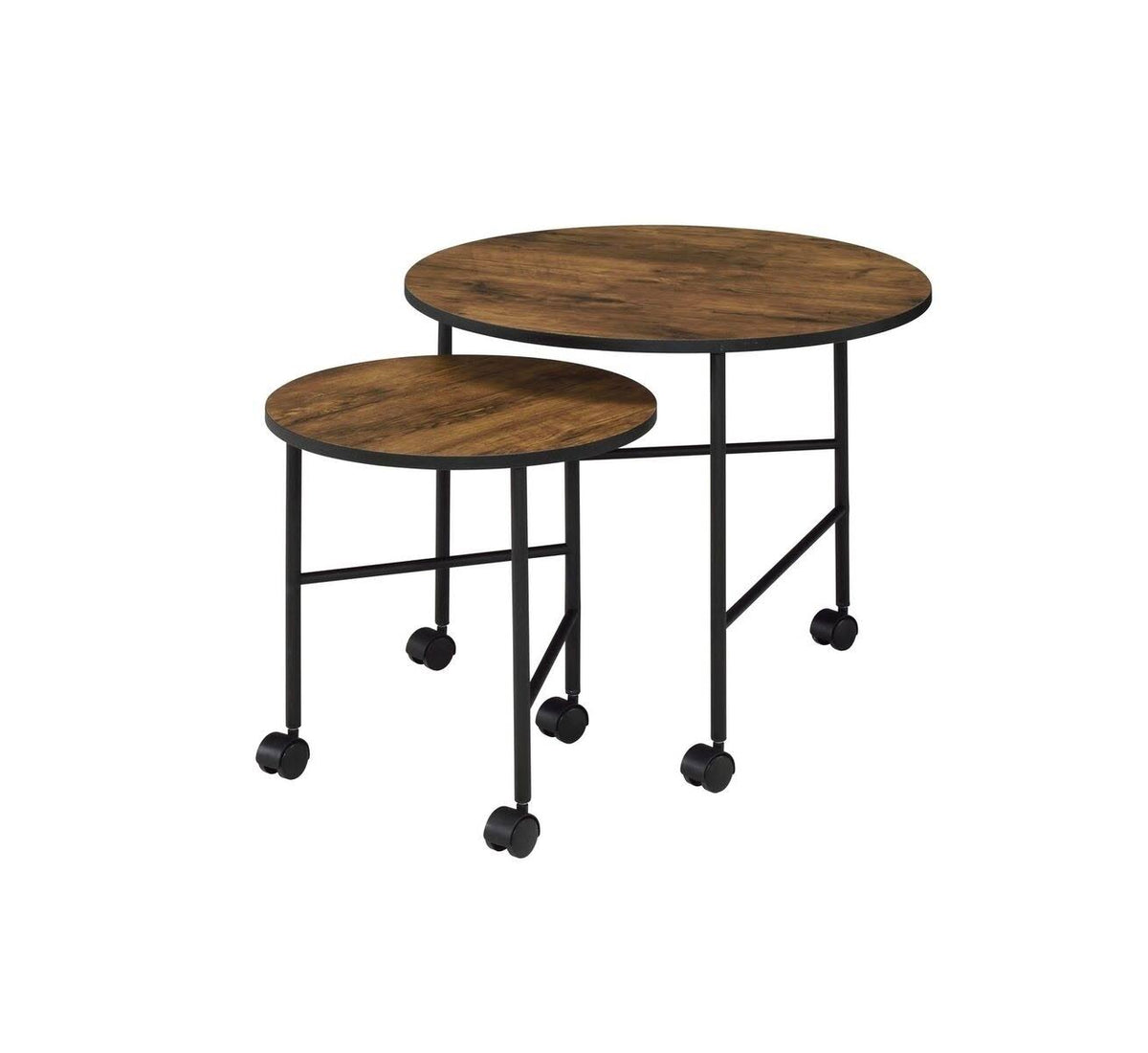 Round Nesting End Table with Casters, Oak Brown and Black Q443