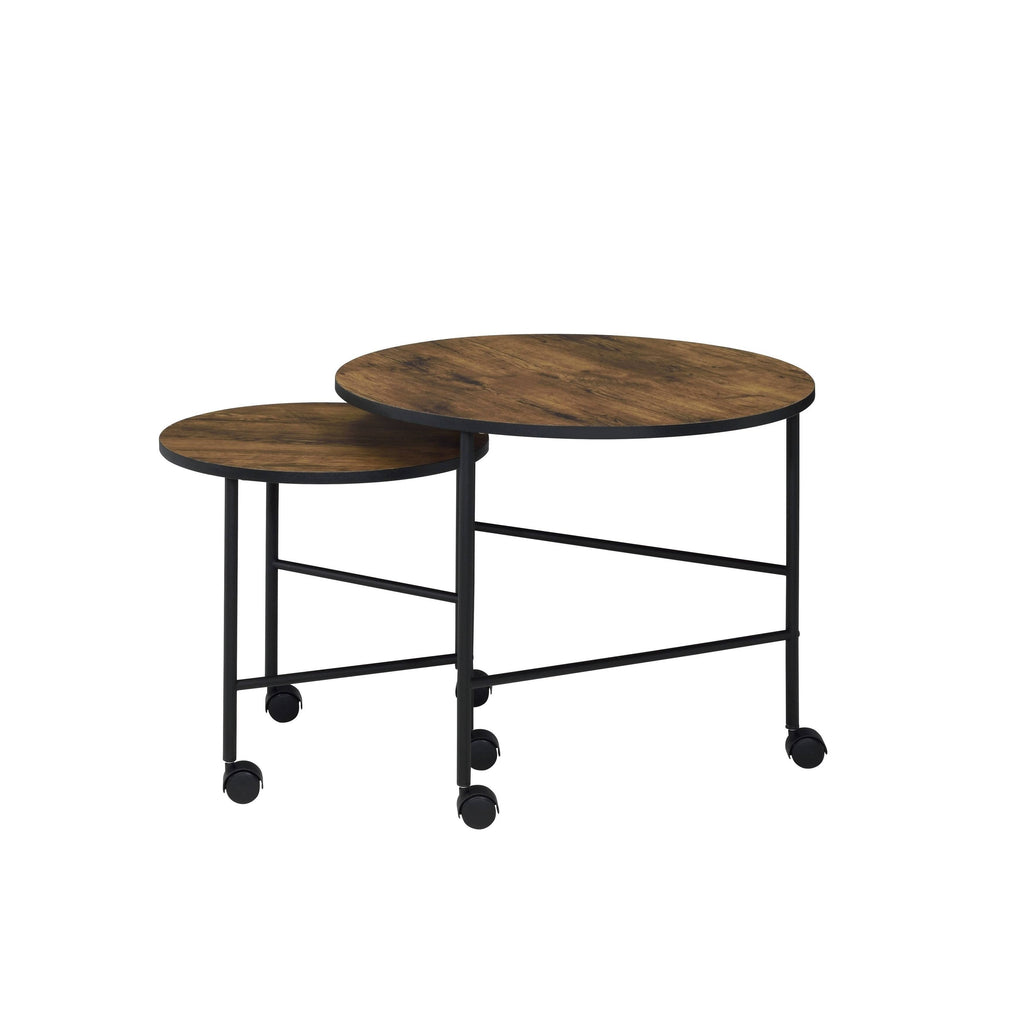 Round Nesting End Table with Casters, Oak Brown and Black Q443