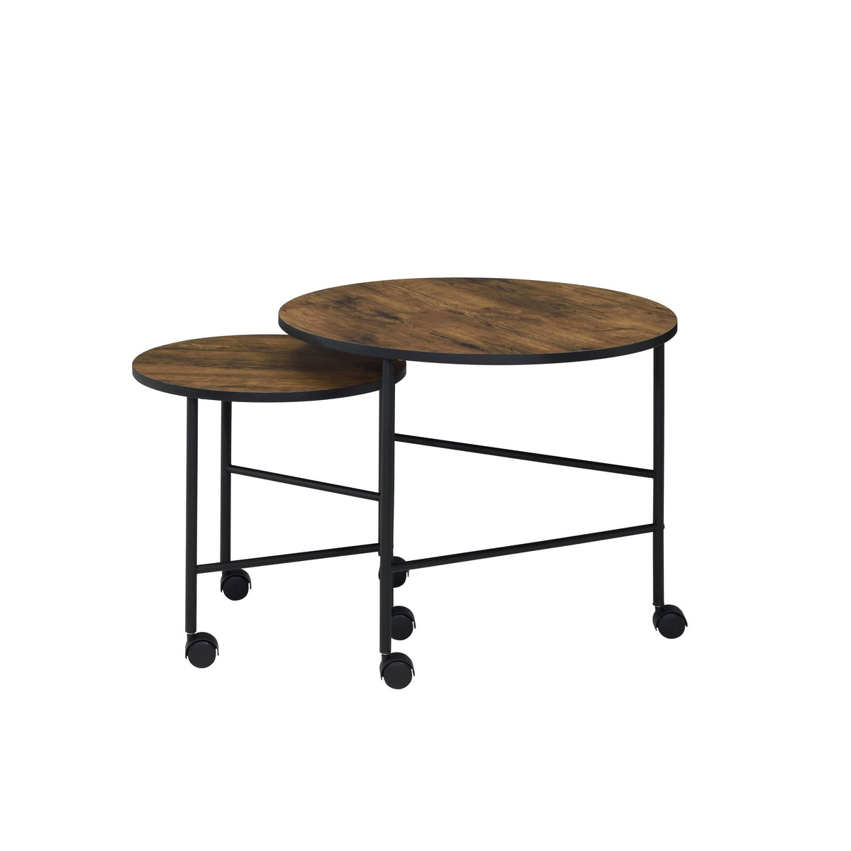 Round Nesting End Table with Casters, Oak Brown and Black Q443