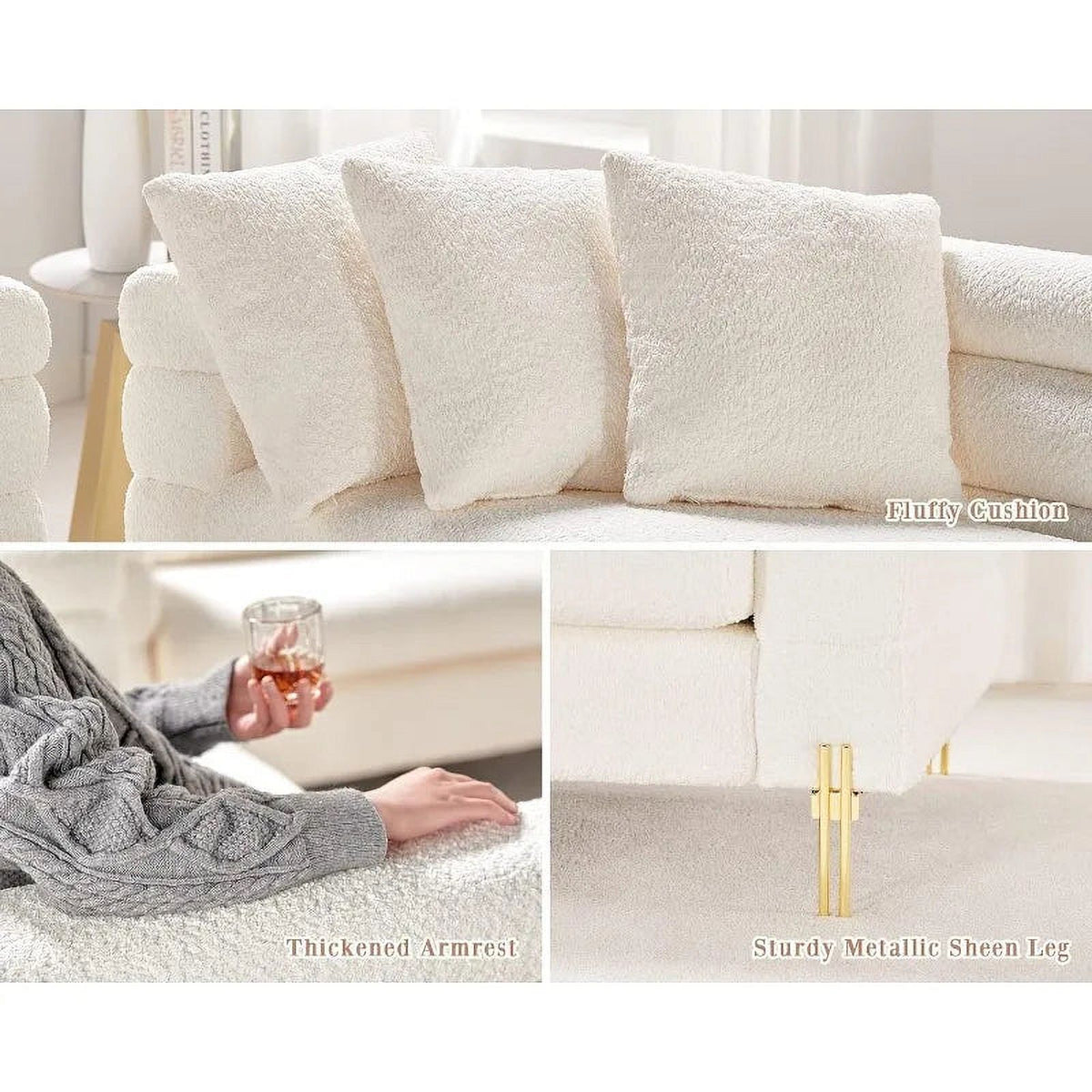Oversized 85 Inch 3 Seater White Bouclé Sofa K118795