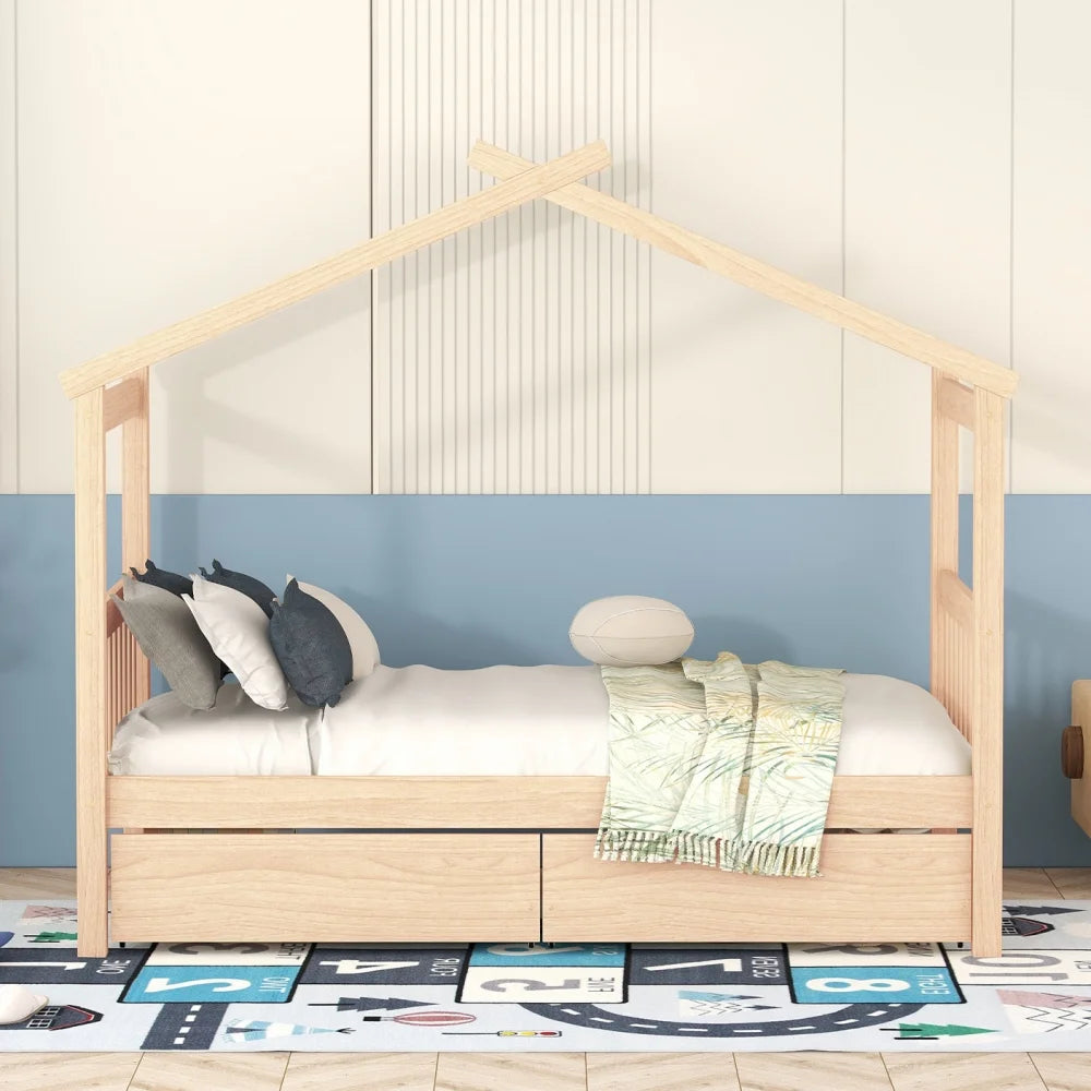 White Twin Size Solid Wood House Bed with Trundle B331