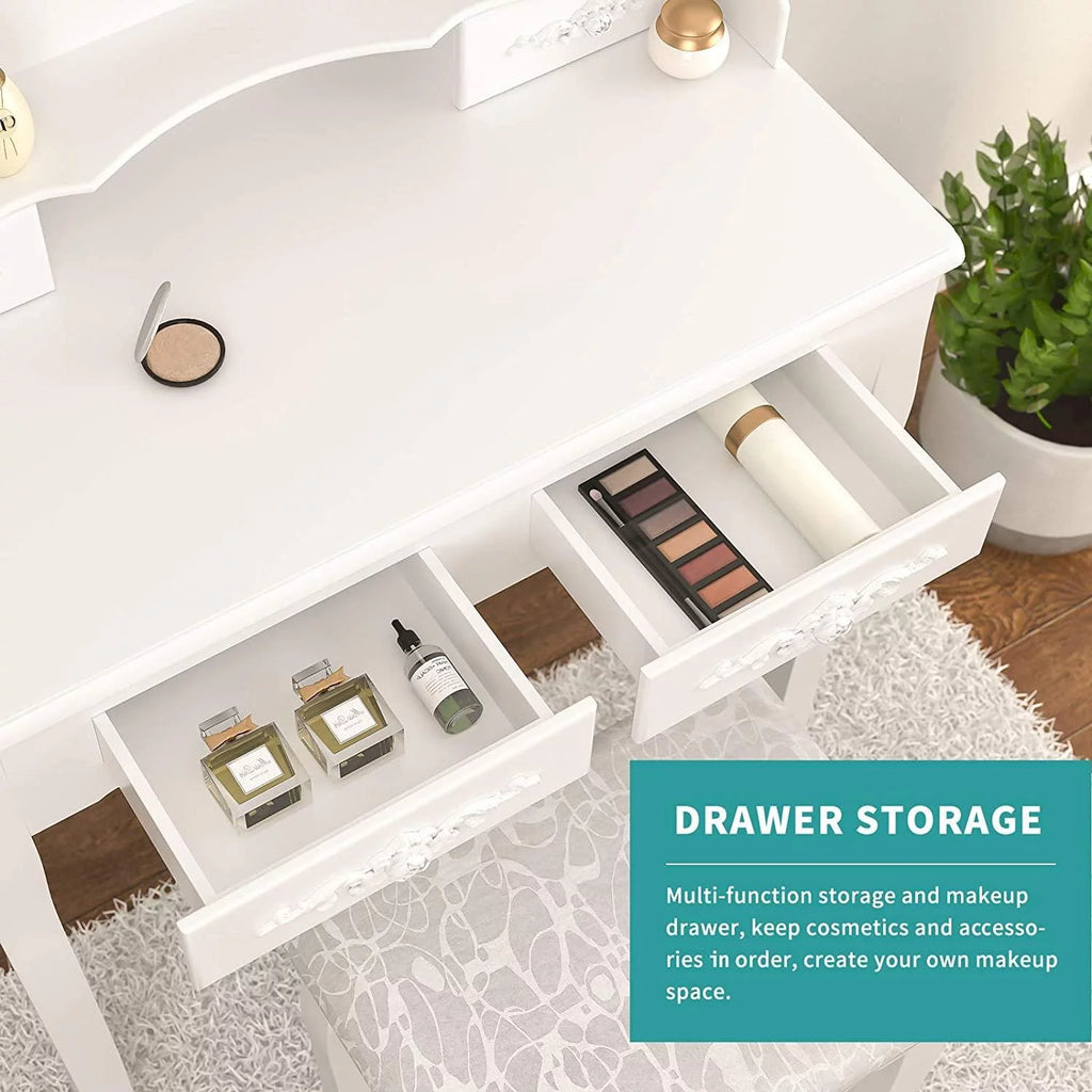 White Vanity Table and Stool Set with 4 Drawers & Mirror I8302