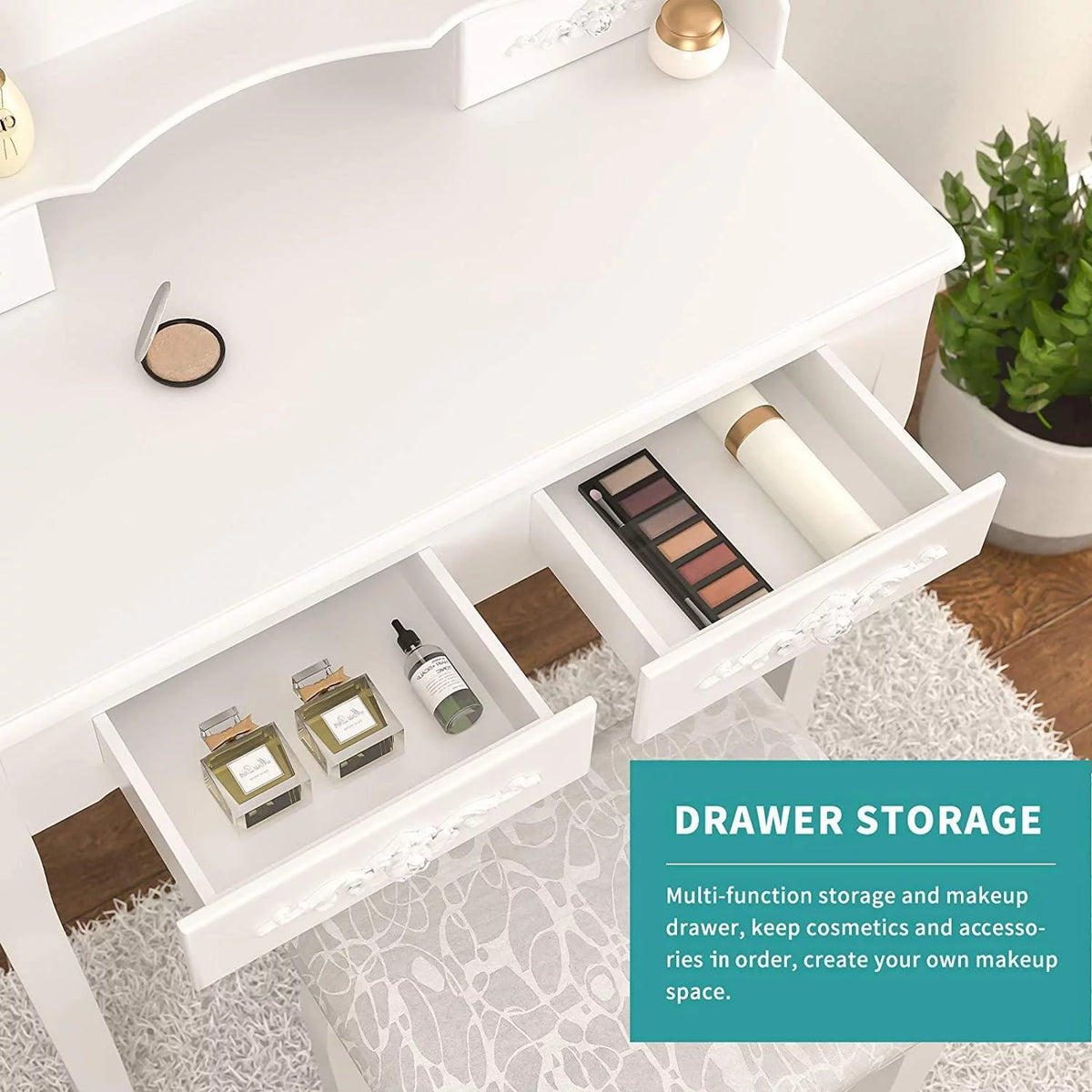 White Vanity Table and Stool Set with 4 Drawers & Mirror I8302