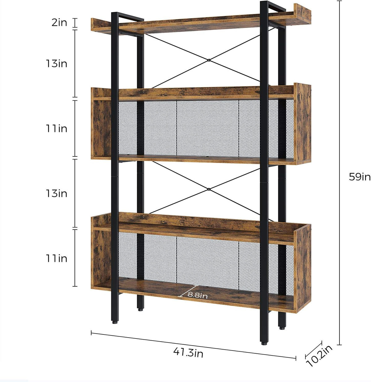 5-Tier Rustic Brown Bookshelf with Metal Frame E2355