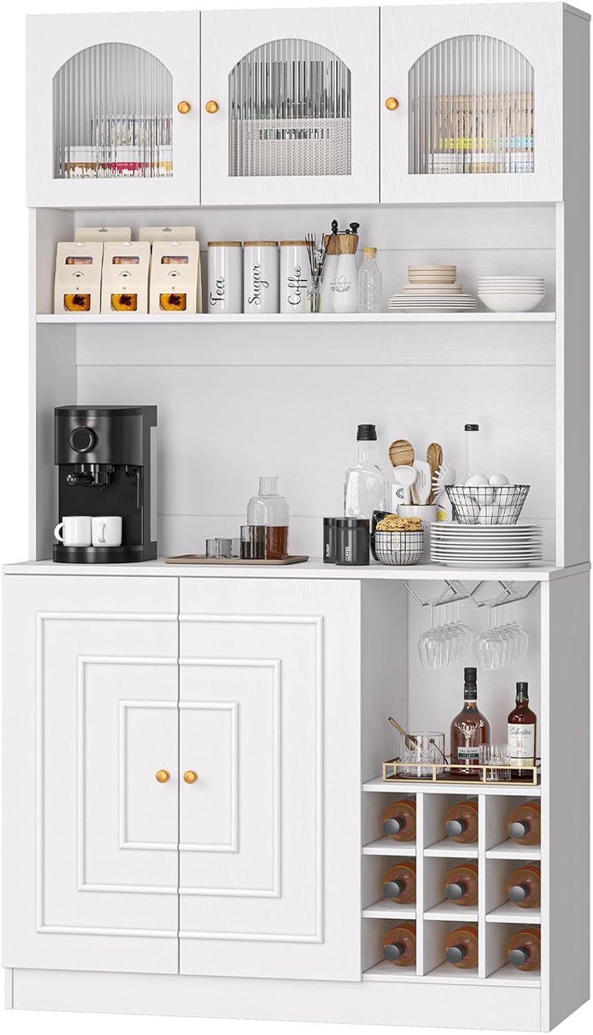 White 71" Tall Freestanding Kitchen Pantry Cabinet with Microwave Stand & Power Outlet S89464