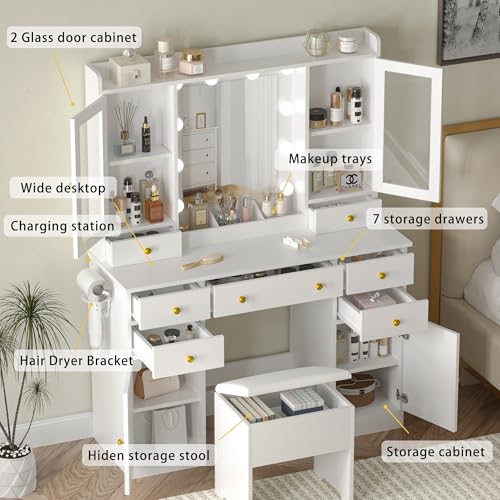 White Vanity Desk with Mirror and Lights S75878