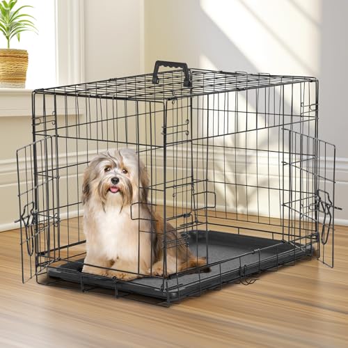 Large 36 Inch Double Door Folding Metal Wire Dog Crate with Divider Panel and Plastic Leak-Proof Pan Tray O34057