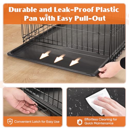 Large 36 Inch Double Door Folding Metal Wire Dog Crate with Divider Panel and Plastic Leak-Proof Pan Tray O34057