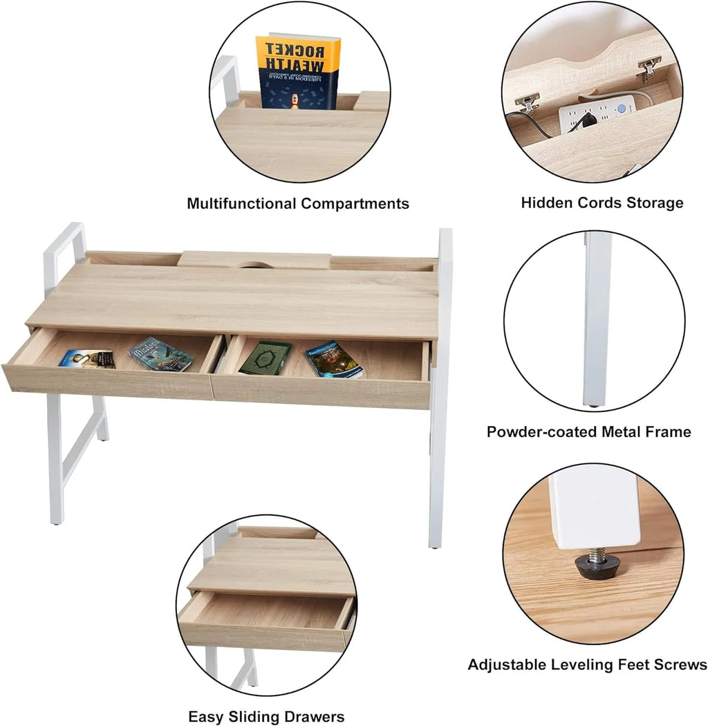 White Wood Computer Desk with Monitor Shelf and Drawers A975530