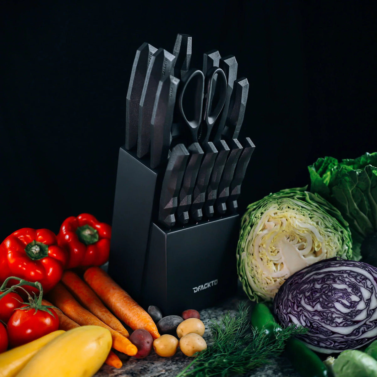 15 Piece Full Tang Black Kitchen Knife Block Set I706
