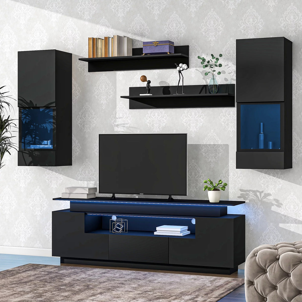 Black High Gloss Wall Mounted Floating TV Stand Set P720