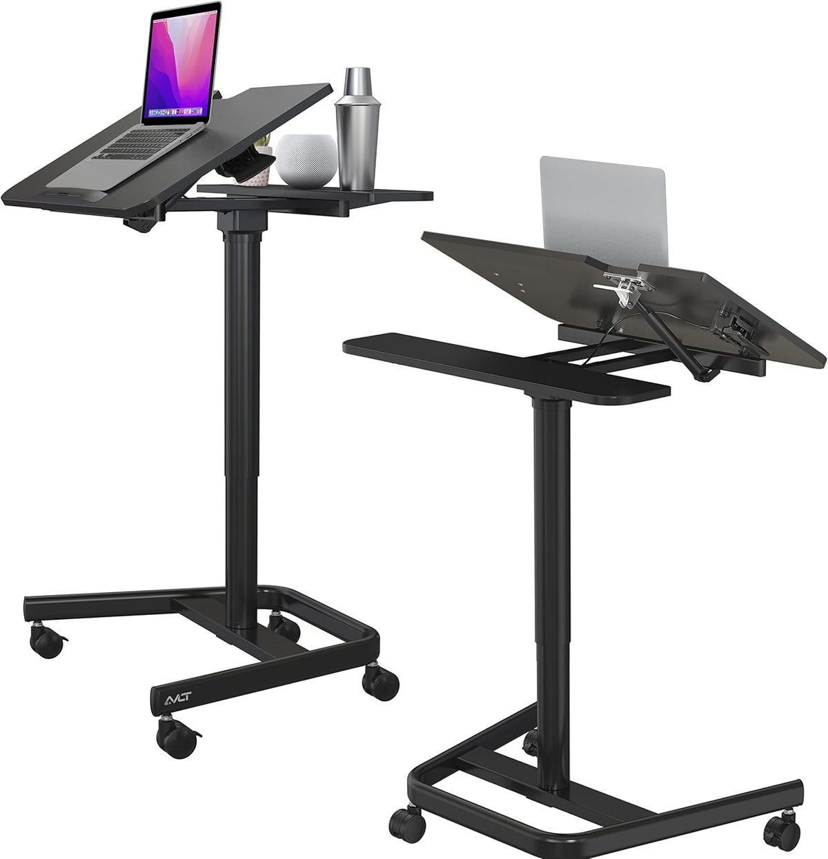 Black Mobile Standing Desk with Split Top Tilting Tray and Brake Casters L4363