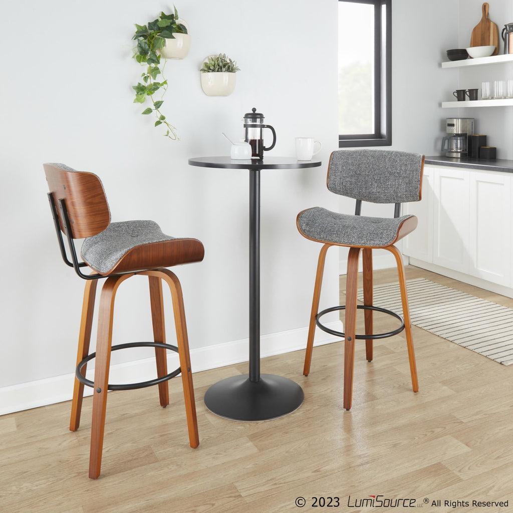 30" Mid-Century Modern Fixed-Height Barstool with Swivel in Walnut Wood and Grey Noise Fabric with Round Black Metal Footrest - Set of 2 Z4245