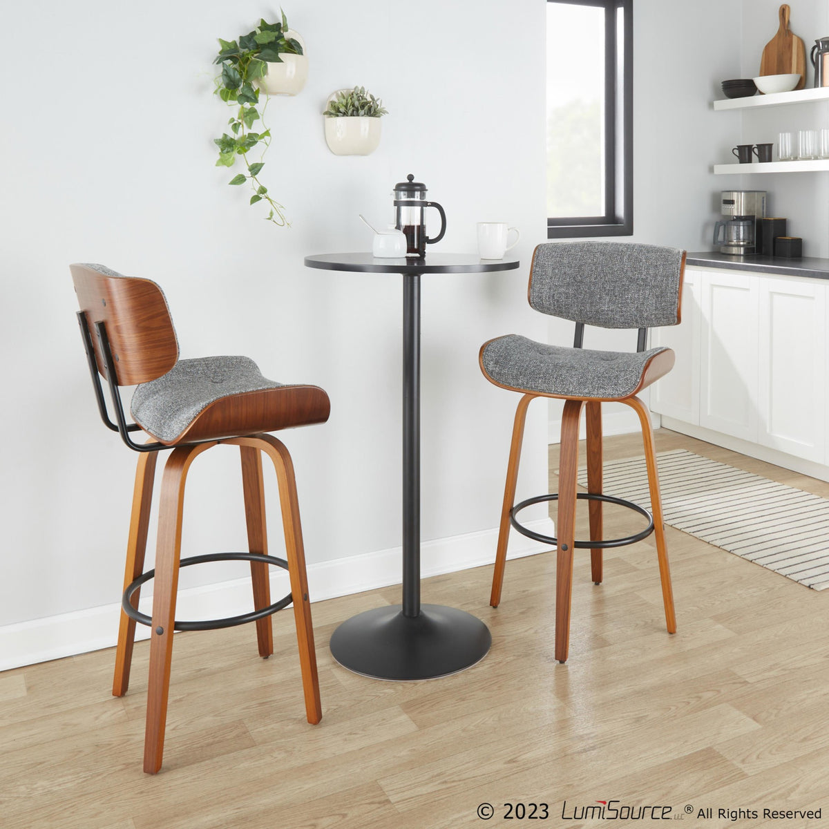 30" Mid-Century Modern Fixed-Height Barstool with Swivel in Walnut Wood and Grey Noise Fabric with Round Black Metal Footrest - Set of 2 Z4245