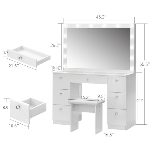 White Vanity with Lighted Mirror, 7 Drawers and Stool O45211