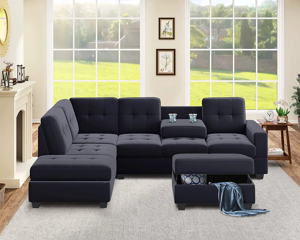 Modern Sectional Sofa with Reversible Chaise, L Shaped Couch Set with Storage Ottoman and Two Cup Holders R6990