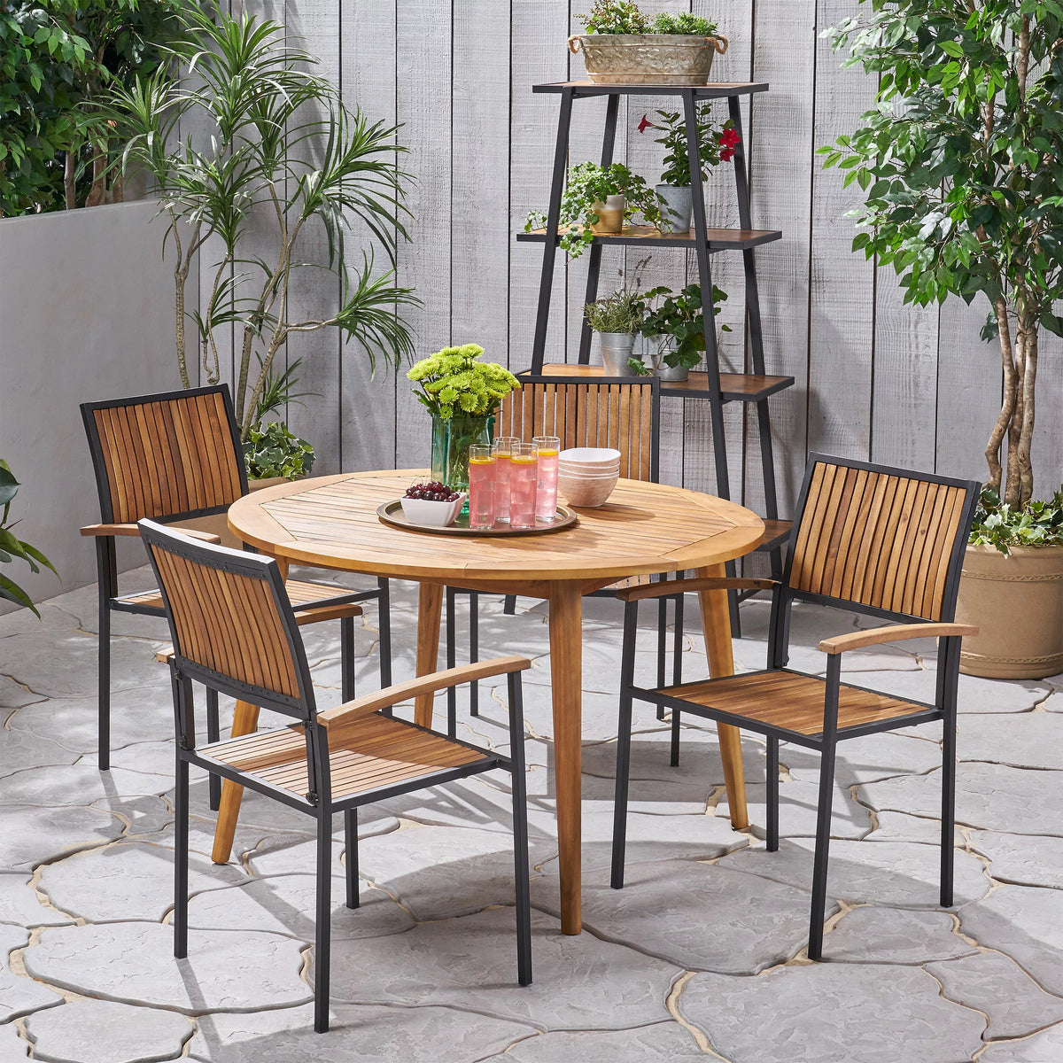 4 Seater Acacia Wood Circular Dining Set B411653