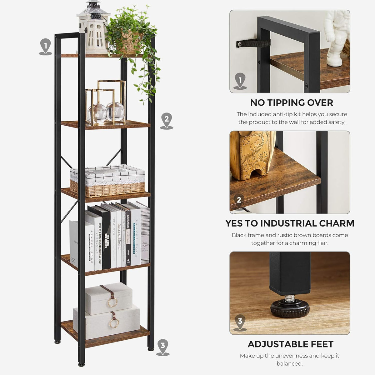 5-Tier Rustic Brown and Black Bookshelf J299144