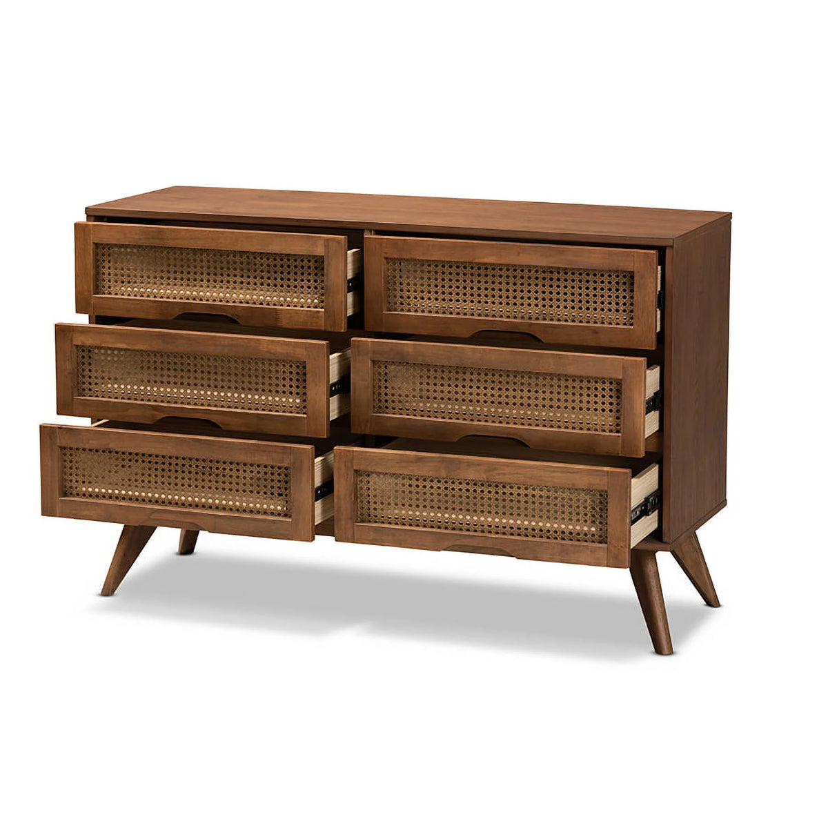 Walnut Brown Wood and Synthetic Rattan 6-Drawer Dresser Q3736