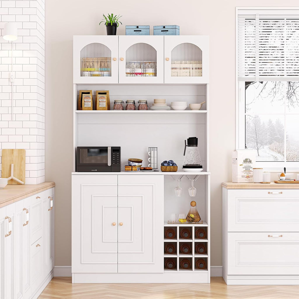 White 71" Tall Freestanding Kitchen Pantry Cabinet with Microwave Stand & Power Outlet S89464