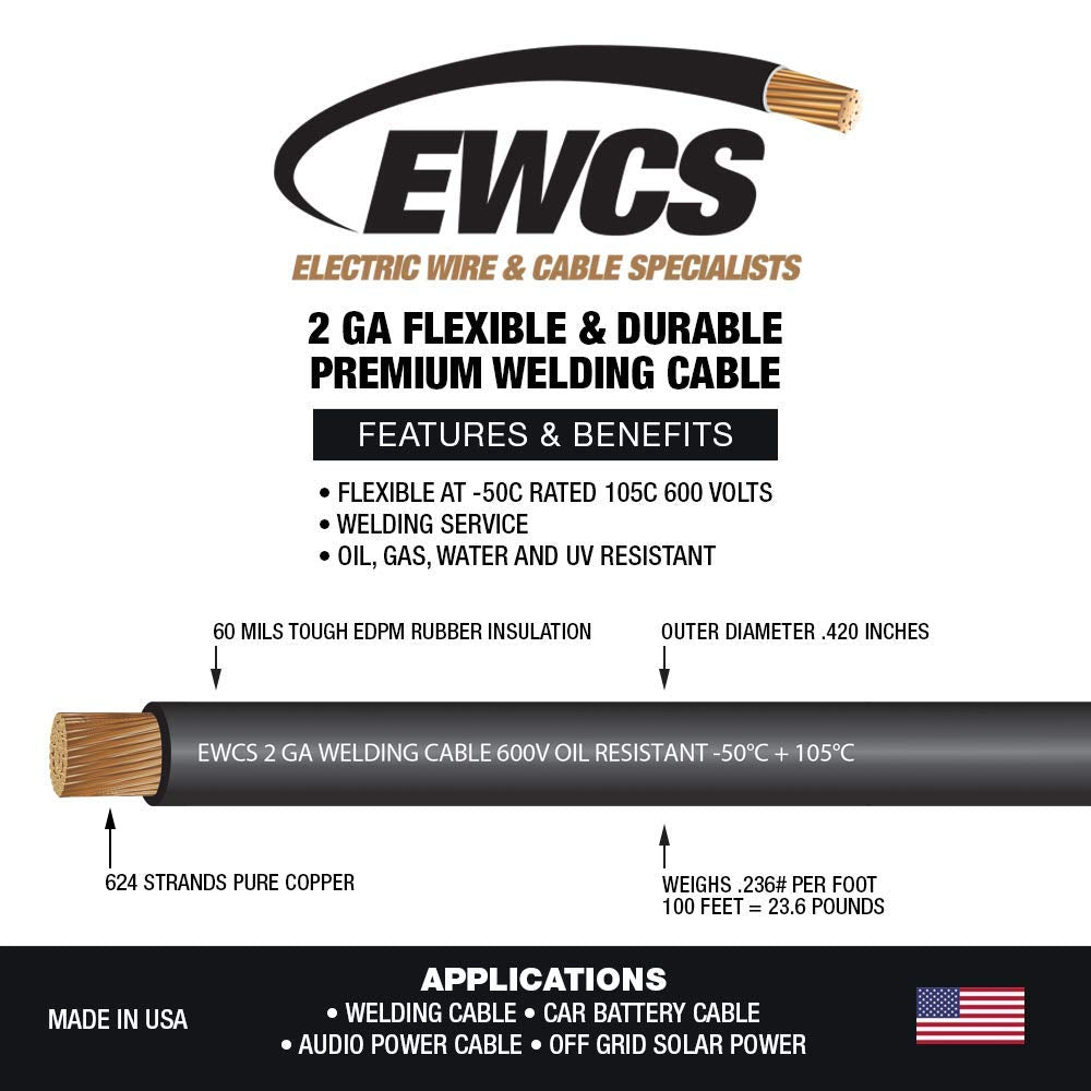2 Gauge Extra Flexible Welding Cable 600 VOLT Black 25 Feet K6414