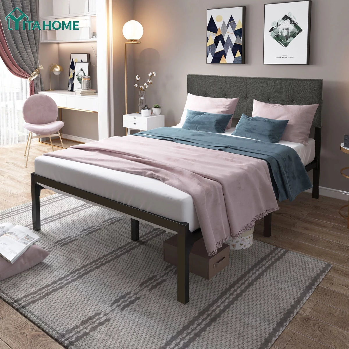 Queen Upholstered Platform Bed Frame with Adjustable Headboard S1594