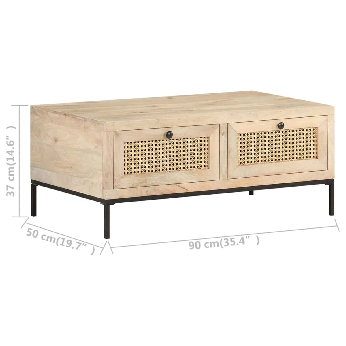 Mango Wood and Natural Cane Coffee Table with 2 Storage Drawers D6396