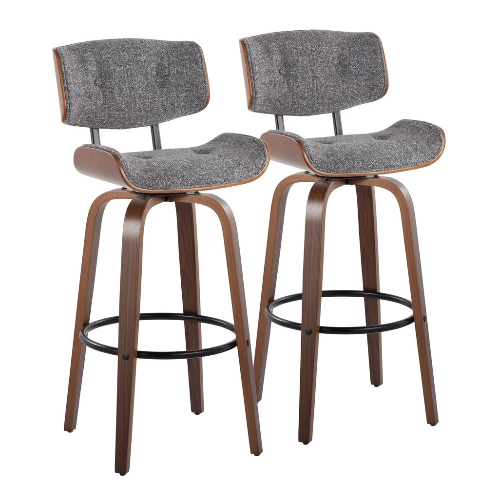 30" Mid-Century Modern Fixed-Height Barstool with Swivel in Walnut Wood and Grey Noise Fabric with Round Black Metal Footrest - Set of 2 Z4245