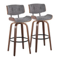30" Mid-Century Modern Fixed-Height Barstool with Swivel in Walnut Wood and Grey Noise Fabric with Round Black Metal Footrest - Set of 2 Z4245
