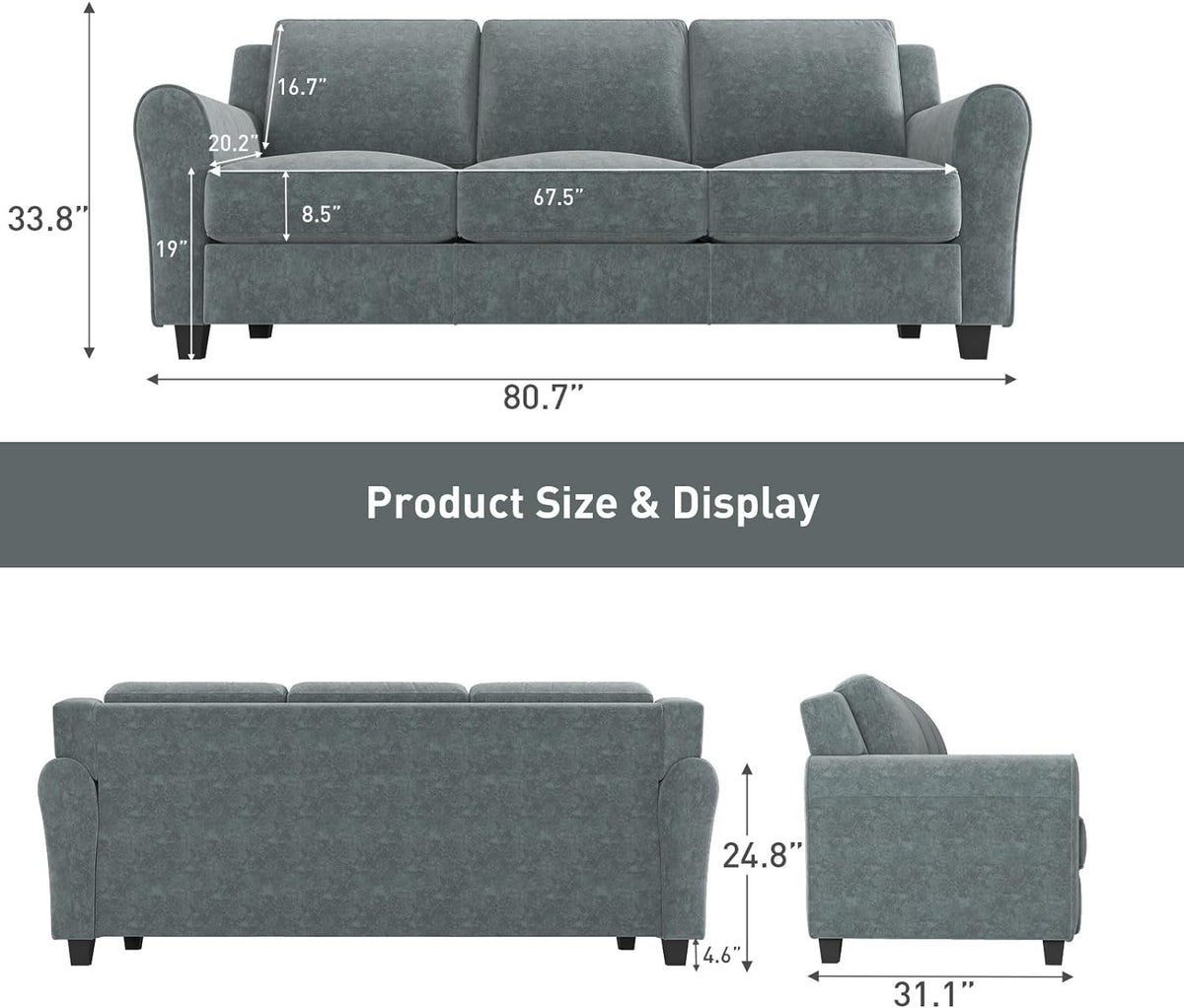 Grey 3 Seater Sofa Couch E788