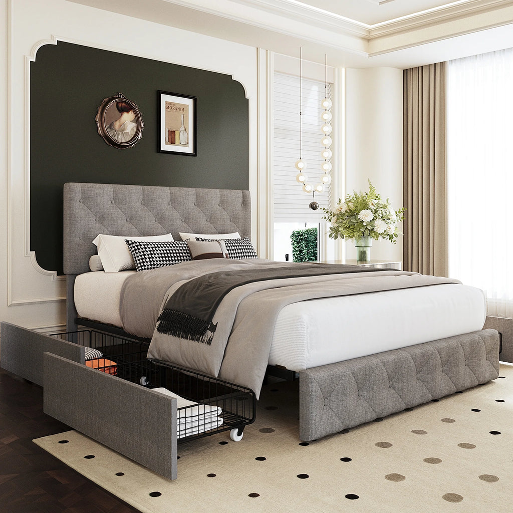 Queen Platform Bed Frame with Wingback Storage Headboard and Velvet Upholstered Headboard Grey V67994