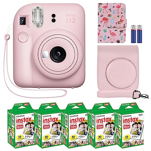 Instax Mini 12 Instant Camera with Accessory Bundle, Custom Case, 50 Sheets Film, Clay White Photo Album H58415
