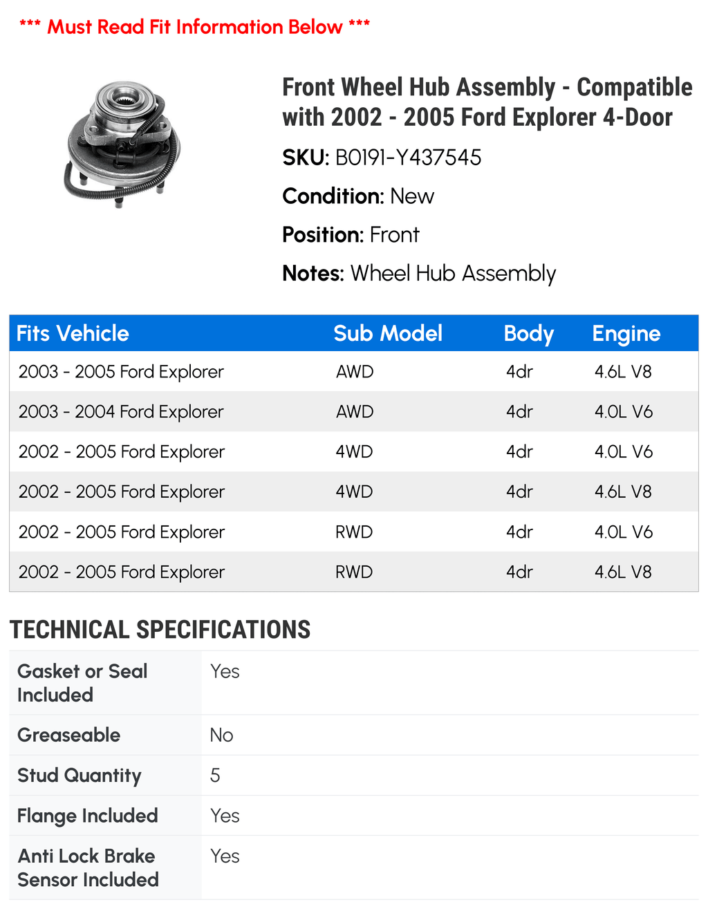Front Wheel Hub Assembly for 2002-2005 Ford Explorer 4-Door T735