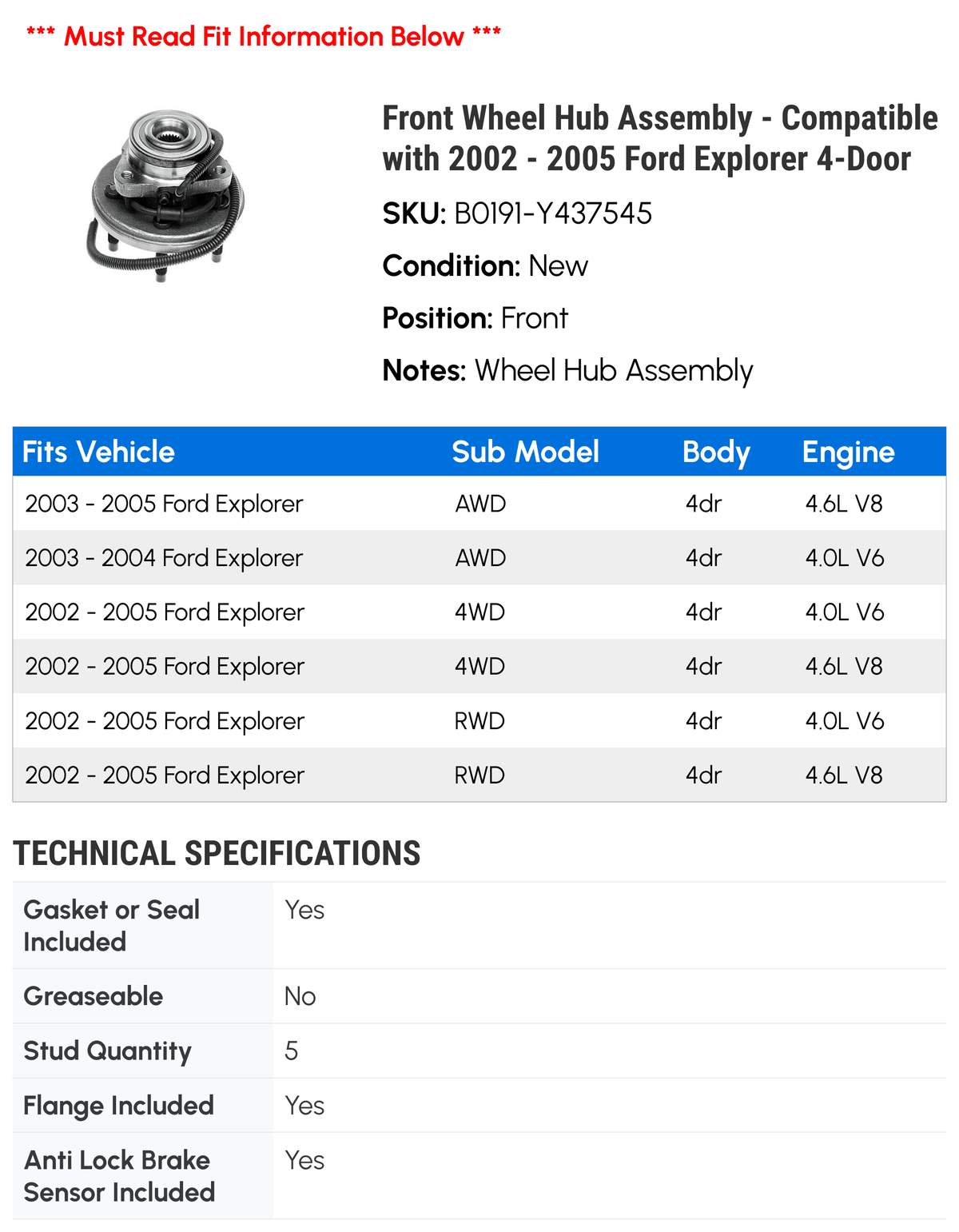 Front Wheel Hub Assembly for 2002-2005 Ford Explorer 4-Door T735