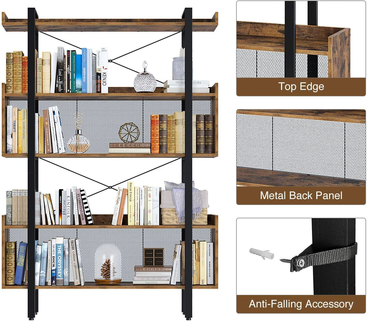 5-Tier Rustic Brown Bookshelf with Metal Frame E2355