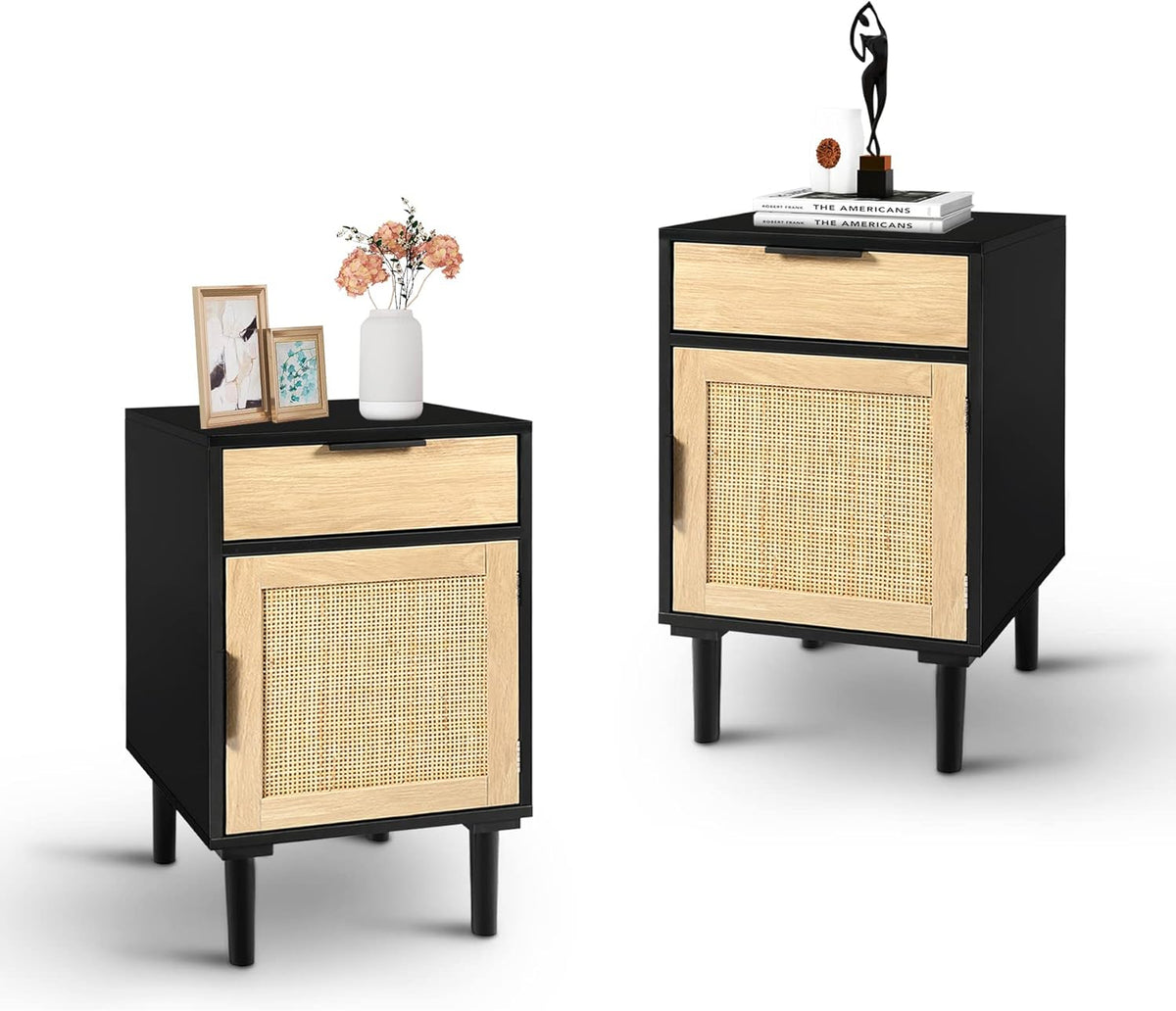 Black Rattan Nightstand Set of 2 with Drawer and Cabinet R478464