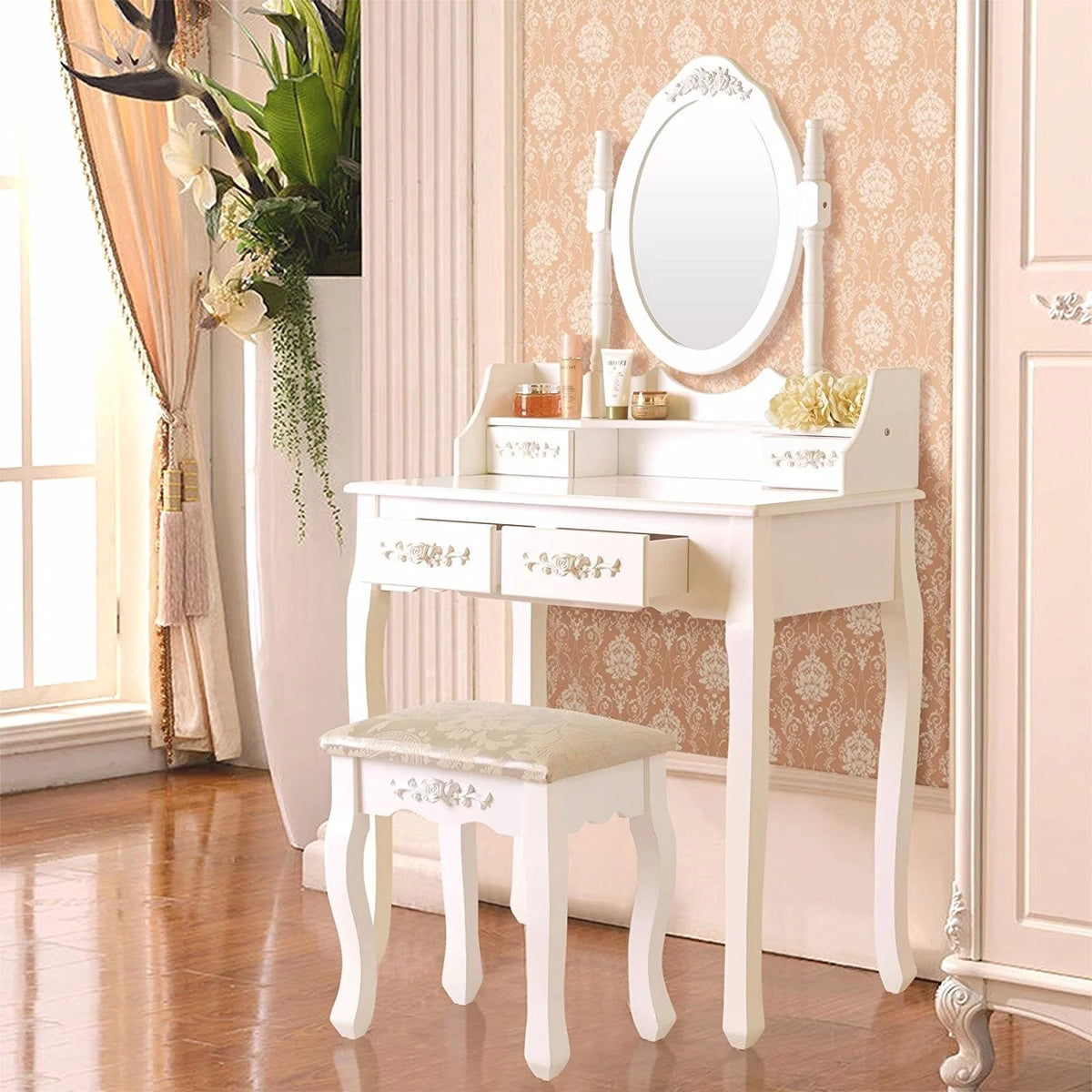 White Vanity Table and Stool Set with 4 Drawers & Mirror I8302